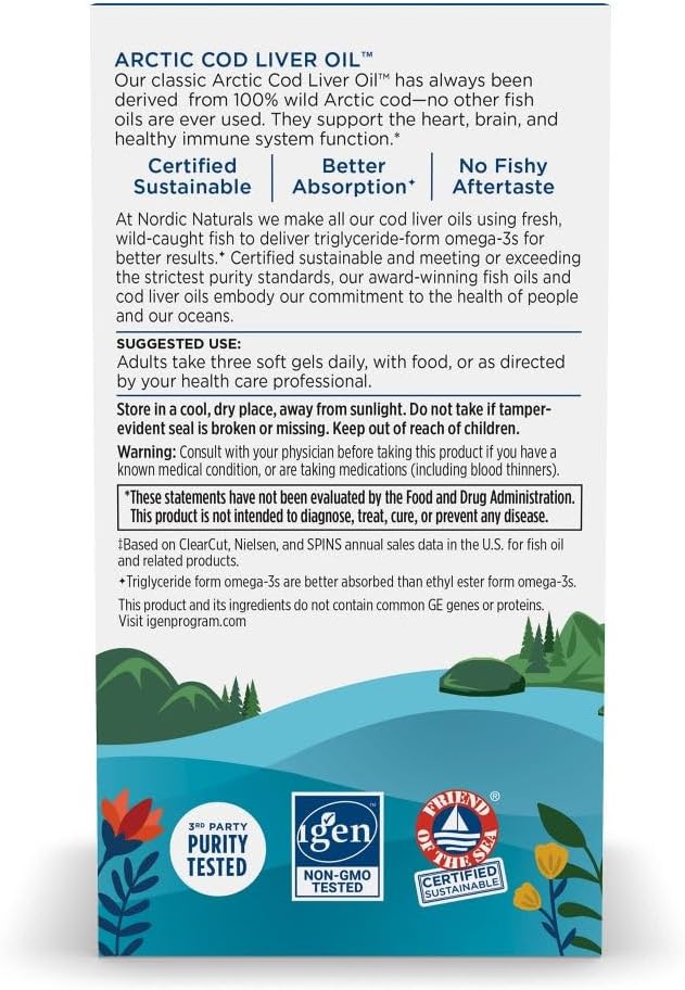 Nordic Naturals Arctic Cod Liver Oil Soft Gels - Lemon Flavor - 90 Count - 750mg Omega-3s with EPA & DHA - Heart, Brain, & Immune Support - Non-GMO - 30 Servings