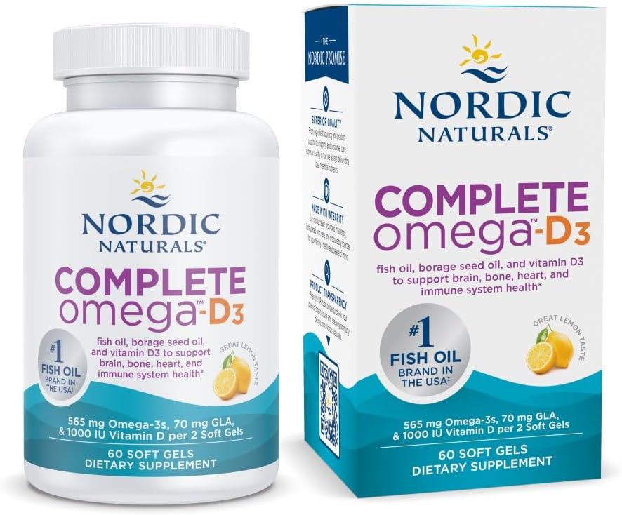 Nordic Naturals Complete Omega-D3 Lemon Soft Gels - 565mg Omega-3, 70mg GLA, 1000 IU Vitamin D3 - EPA & DHA for Skin, Joints, Cognition, Mood - Non-GMO - 30 Servings