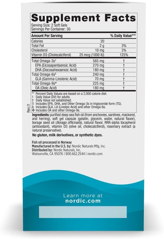 Nordic Naturals Complete Omega-D3 Lemon Soft Gels - 565mg Omega-3, 70mg GLA, 1000 IU Vitamin D3 - EPA & DHA for Skin, Joints, Cognition, Mood - Non-GMO - 30 Servings