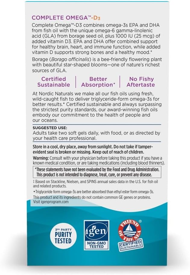 Nordic Naturals Complete Omega-D3 Lemon Soft Gels - 565mg Omega-3, 70mg GLA, 1000 IU Vitamin D3 - EPA & DHA for Skin, Joints, Cognition, Mood - Non-GMO - 30 Servings