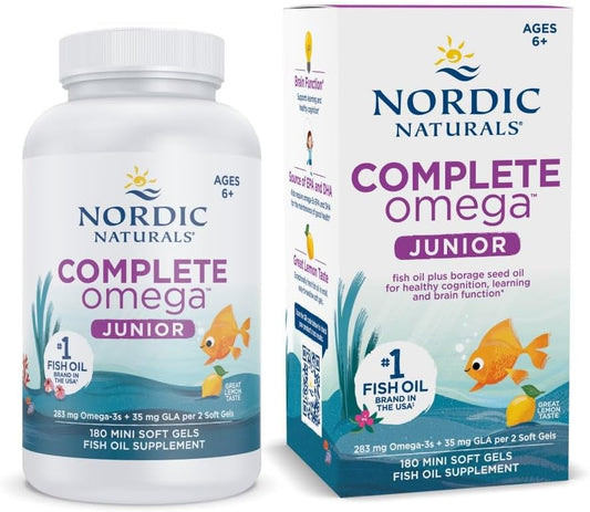 Nordic Naturals Complete Omega Jr. Lemon Soft Gels - 180 Mini, 283 mg Omega-3s, 35 mg GLA, Healthy Cognition, Nervous System - Non-GMO, 90 Servings