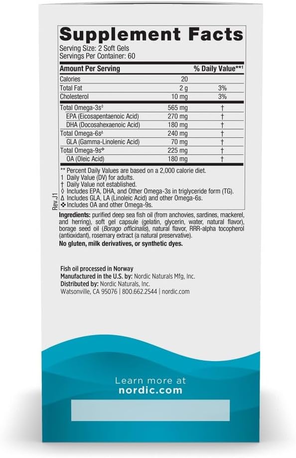 Nordic Naturals Complete Omega Soft Gels - Lemon Flavor - 565mg Omega-3 with EPA & DHA, GLA - Skin, Cognitive, Mood Support - Non-GMO - 60 Servings