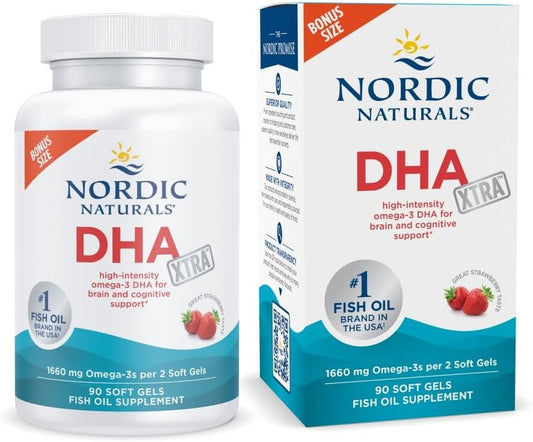 Nordic Naturals DHA Xtra Strawberry Soft Gels - 1660mg Omega-3 - Brain & Nervous System Support - Non-GMO - 90 Count.