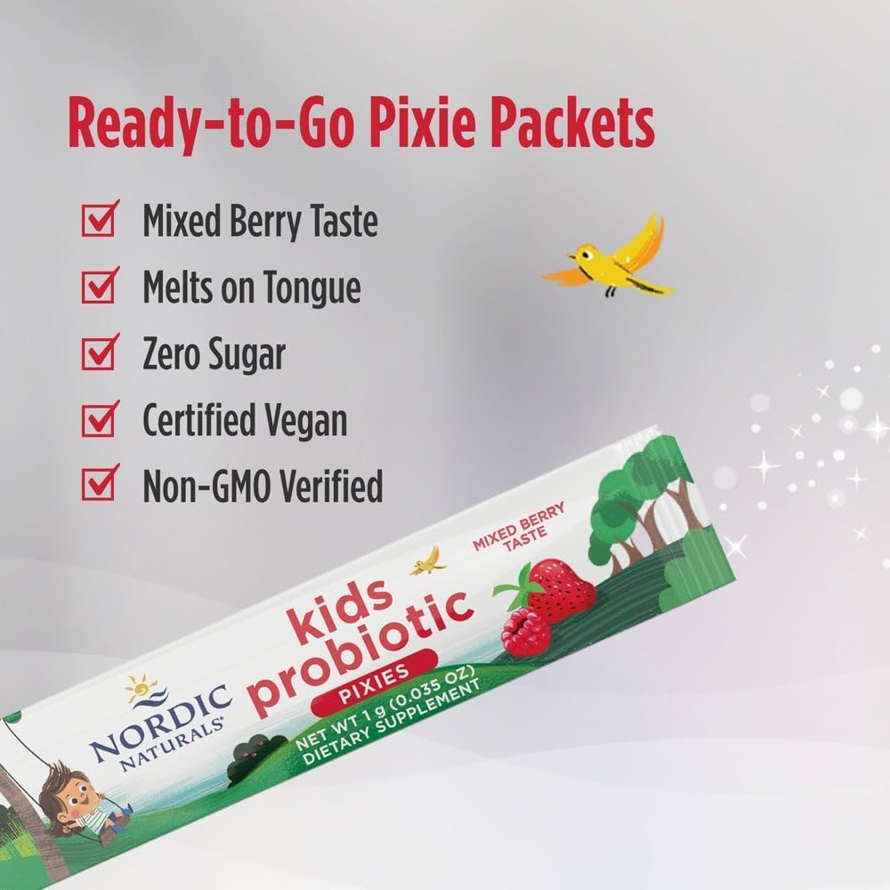 Nordic Naturals Kids Probiotic Pixies, Mixed Berry - 30 Packets - 3 Billion CFU - Digestive & Immune Support - Non-GMO Vegan - 30 Servings