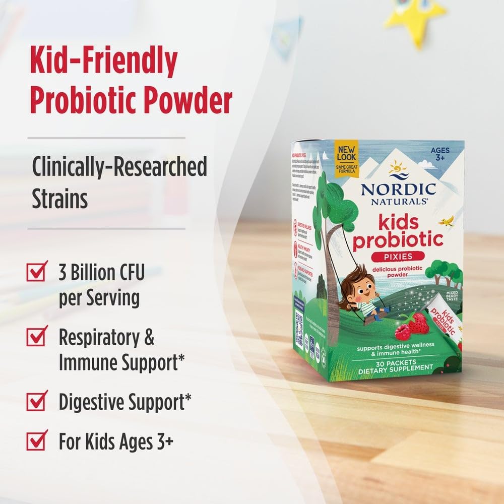 Nordic Naturals Kids Probiotic Pixies, Mixed Berry - 30 Packets - 3 Billion CFU - Digestive & Immune Support - Non-GMO Vegan - 30 Servings