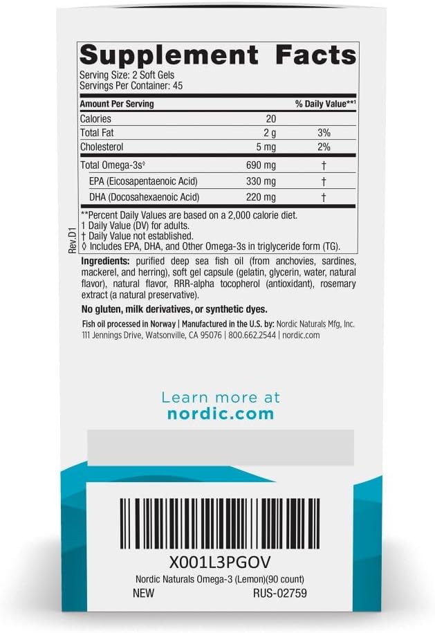 Nordic Naturals Lemon Omega-3 Soft Gels - 90 Count - 690mg EPA & DHA Fish Oil - Immune, Brain, Heart Health - Non-GMO - 45 Servings