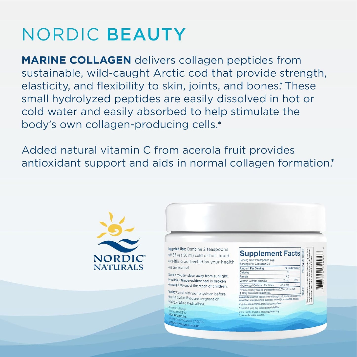 Nordic Naturals Marine Collagen Powder with Vitamin C - Strawberry Flavor - 5.29 oz - Skin, Joint, and Bone Health - 30 Servings