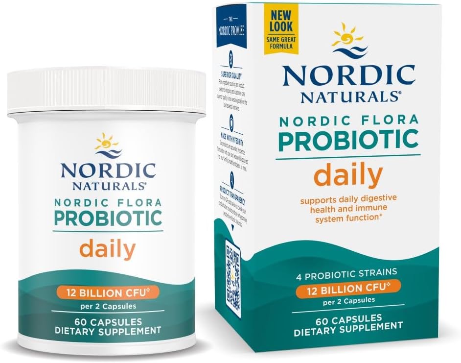 Nordic Naturals Nordic Flora Probiotic Daily Capsules - 60 Count - 4 Strains, 12 Billion Cultures - Wellness, Immune & Digestive Support - Non-GMO, Vegan - 30 Servings