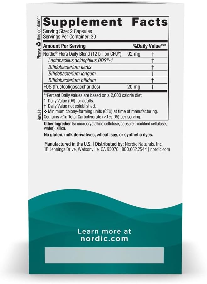 Nordic Naturals Nordic Flora Probiotic Daily Capsules - 60 Count - 4 Strains, 12 Billion Cultures - Wellness, Immune & Digestive Support - Non-GMO, Vegan - 30 Servings