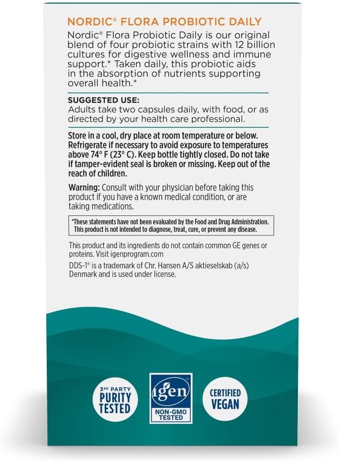 Nordic Naturals Nordic Flora Probiotic Daily Capsules - 60 Count - 4 Strains, 12 Billion Cultures - Wellness, Immune & Digestive Support - Non-GMO, Vegan - 30 Servings