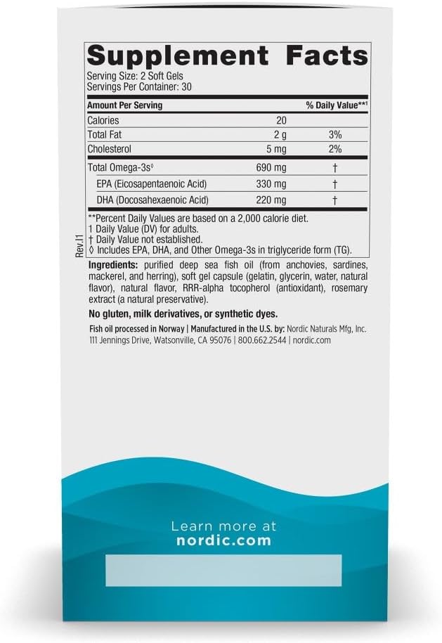 Nordic Naturals Omega-3 Lemon Flavor Soft Gels - 60 Count - 690mg EPA & DHA Fish Oil - Immune, Brain, Heart Health - Non-GMO - 30 Servings