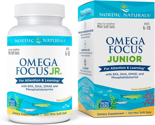 Nordic Naturals Omega Focus Jr. Lemon Soft Gels - 900mg Omega-3s with EPA, DHA, DMAE & Phosphatidylserine for Attention & Learning - Non-GMO - 30 Servings