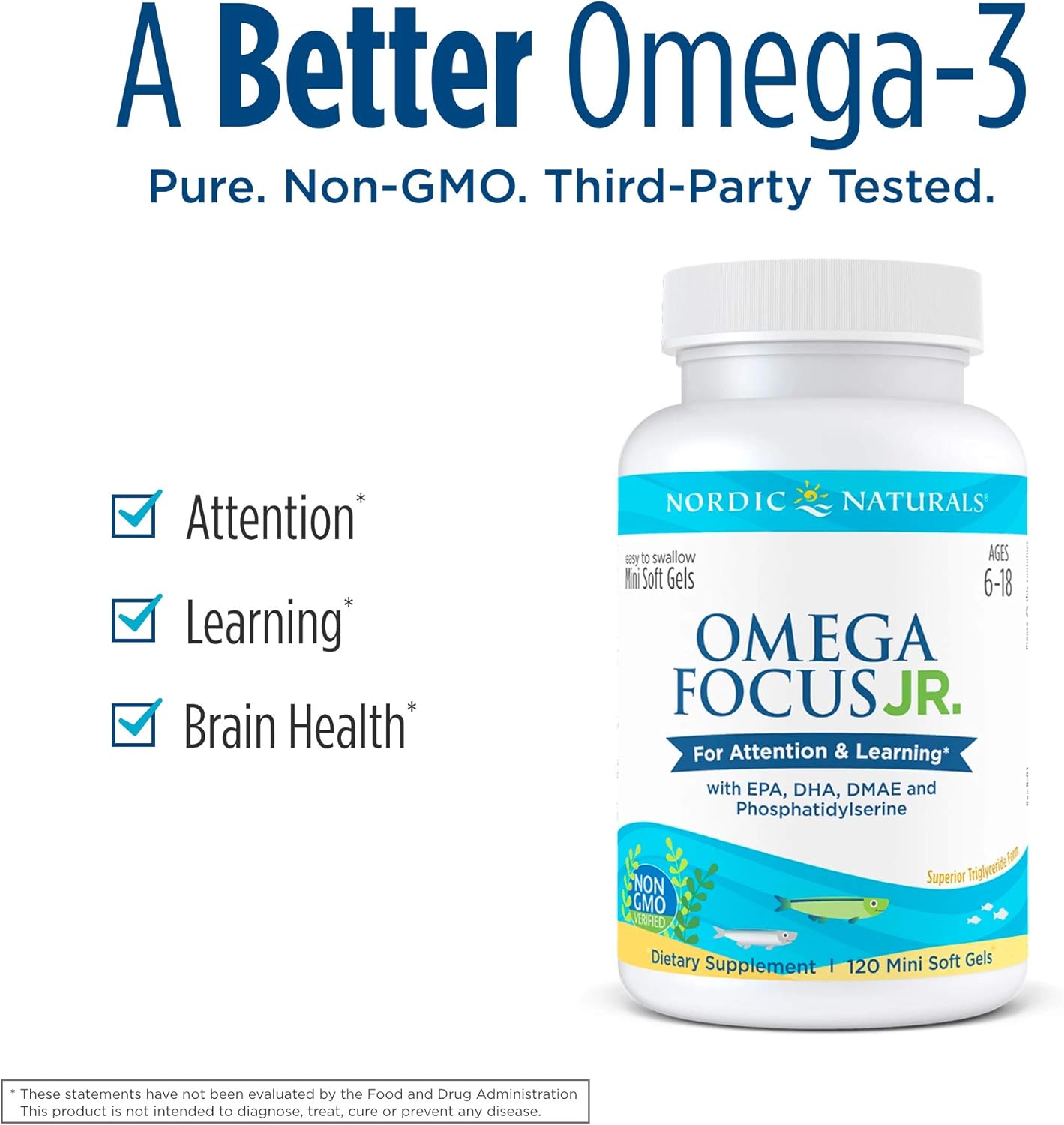 Nordic Naturals Omega Focus Jr. Lemon Soft Gels - 900mg Omega-3s with EPA, DHA, DMAE & Phosphatidylserine for Attention & Learning - Non-GMO - 30 Servings