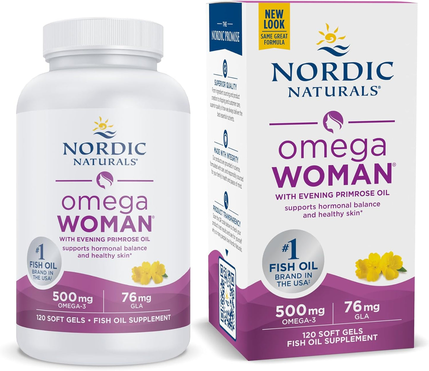 Nordic Naturals Omega Woman Soft Gels - Lemon Flavored - 500mg Omega-3 + 800mg Evening Primrose Oil - Skin Health, Hormone Balance, Wellness - Non-GMO - 60 Servings