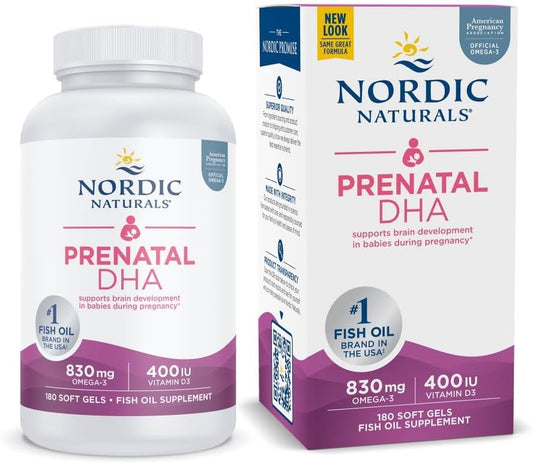 Nordic Naturals Prenatal DHA Soft Gels - 180 Count - 830mg Omega-3 + 400 IU Vitamin D3 - Supports Baby's Brain Development - Non-GMO - 90 Servings