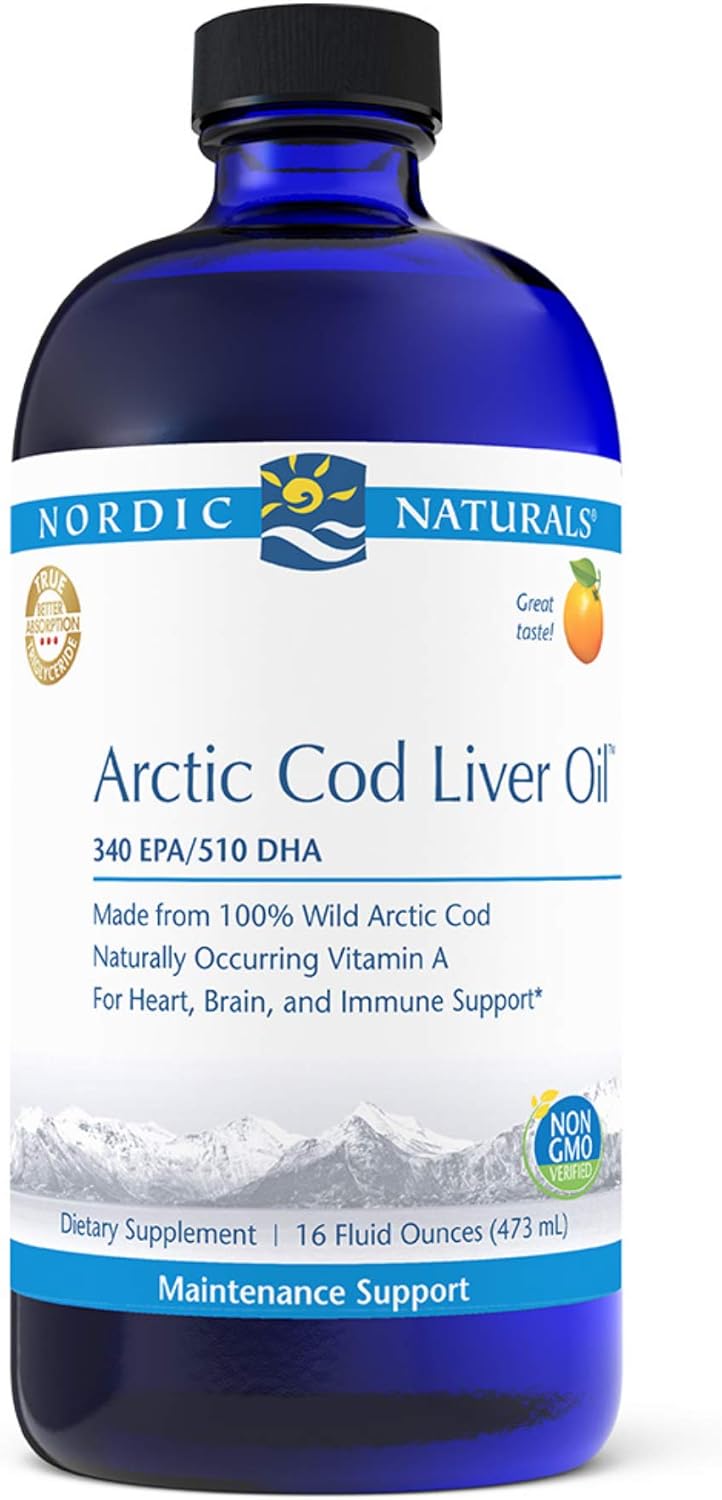 Nordic Naturals Pro Arctic Cod Liver Oil, Orange Flavor - 16 oz - 1060 mg Total Omega-3s with EPA & DHA - Supports Heart, Brain, Immunity, Wellness - Non-GMO - 96 Servings