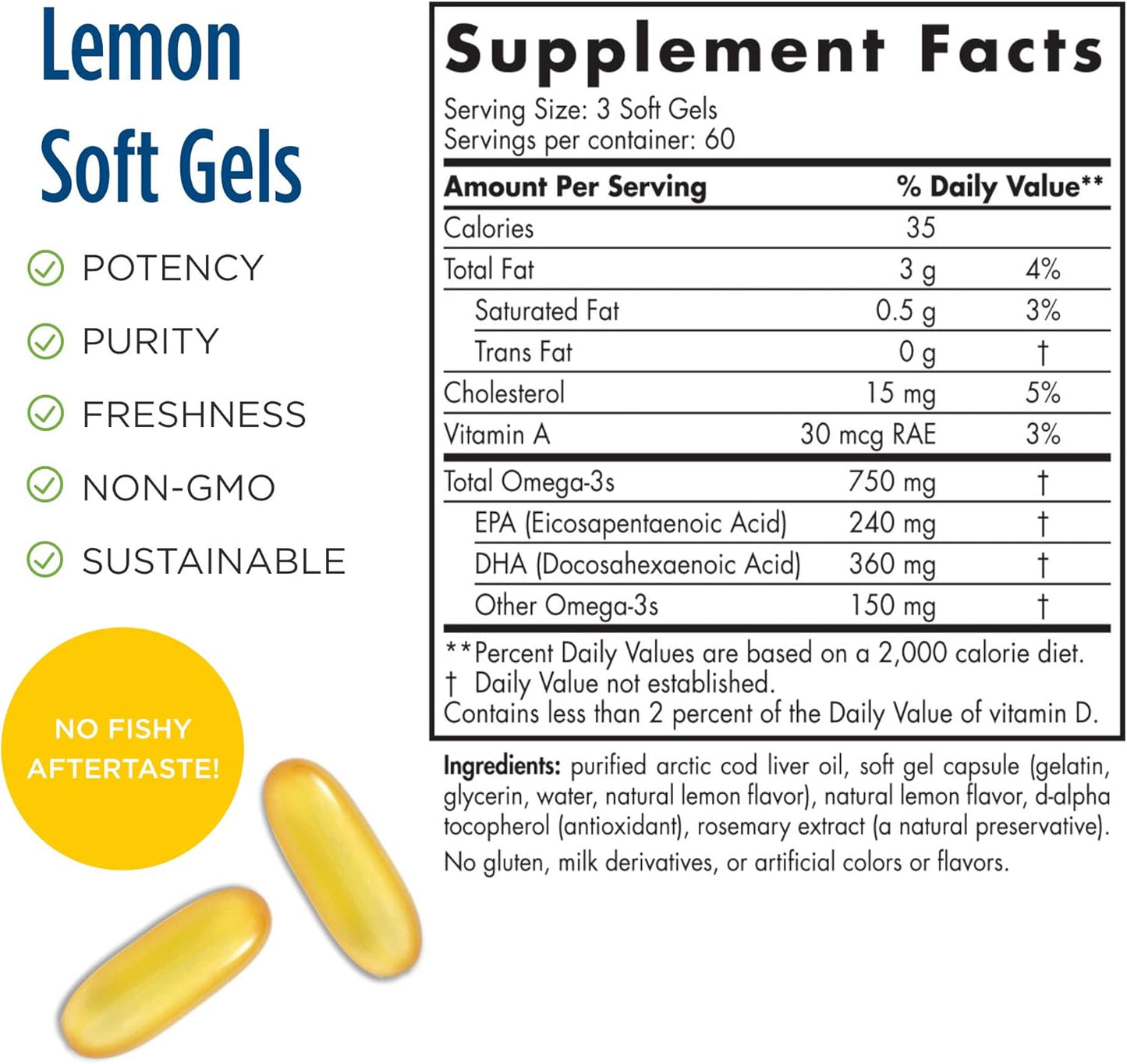 Nordic Naturals Pro Arctic Cod Liver Oil Soft Gels - Lemon Flavor - 750 mg Omega-3s EPA & DHA - Heart, Brain, Immunity Support - Non-GMO - 60 Servings