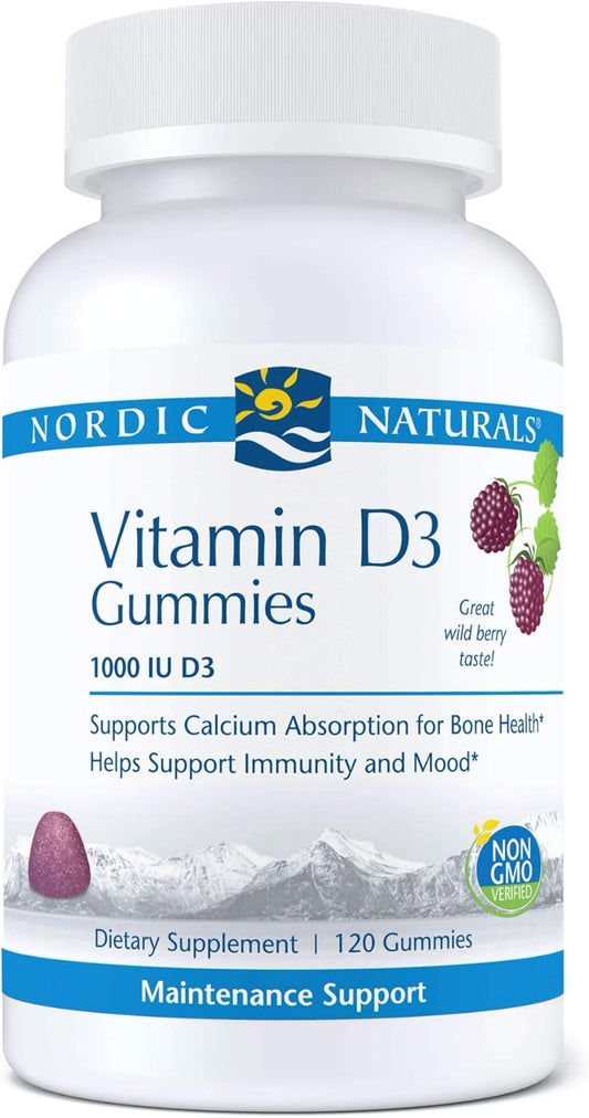 Nordic Naturals Pro Vitamin D3 Gummies, Wild Berry Flavor - 120 Gummies - 1000 IU Vitamin D3 - Supports Bone Health, Mood, and Immune System - Non-GMO - 120 Servings
