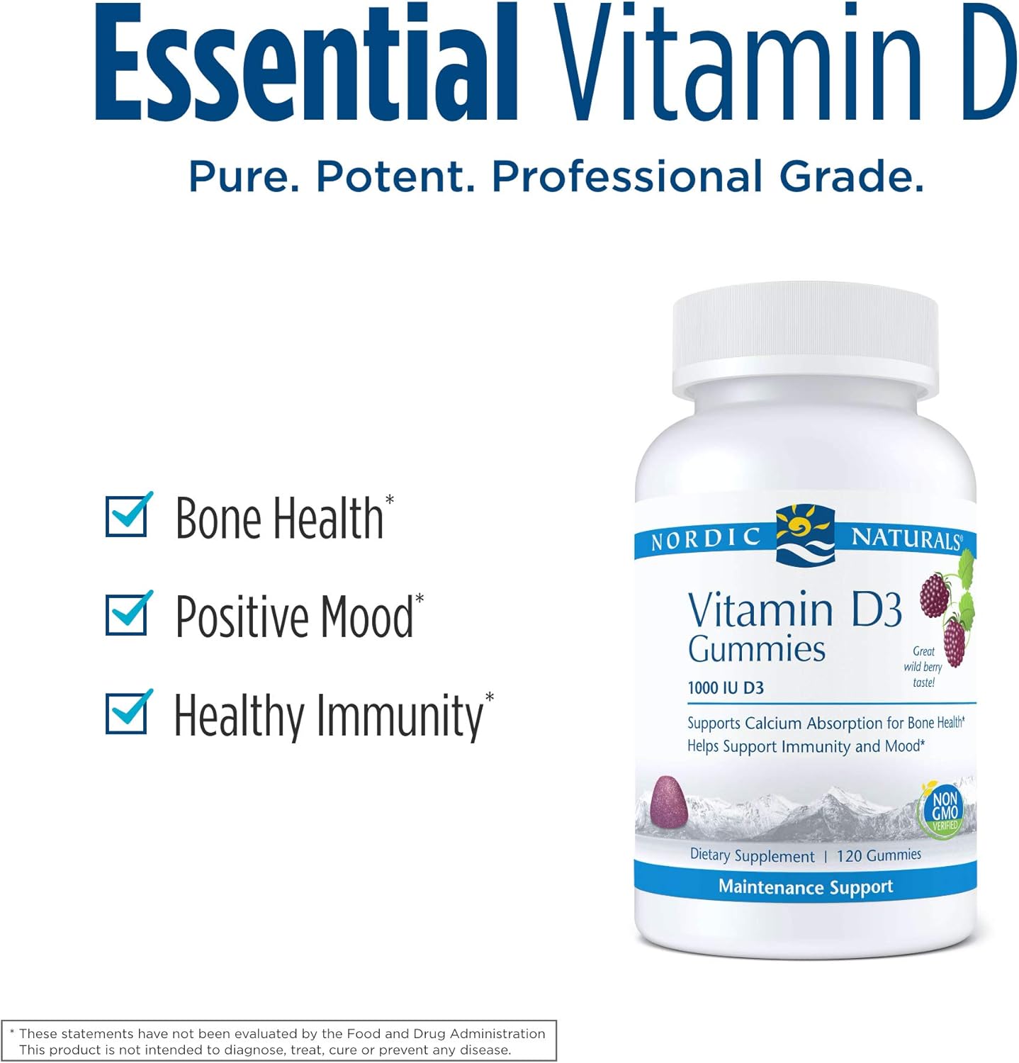 Nordic Naturals Pro Vitamin D3 Gummies, Wild Berry Flavor - 120 Gummies - 1000 IU Vitamin D3 - Supports Bone Health, Mood, and Immune System - Non-GMO - 120 Servings