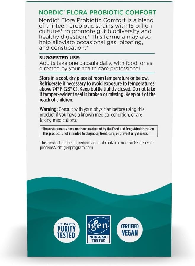 Nordic Naturals Probiotic Comfort Capsules - 30 Count, 13 Strains, 15 Billion Cultures - Supports Digestive Health, Reduces Bloating - Non-GMO, Vegan - 30 Servings