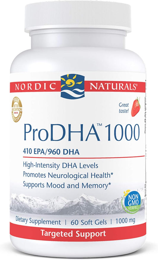 Nordic Naturals ProDHA 1000 Strawberry Soft Gels - 60 Count - High-Intensity DHA Formula for Brain Health - Non-GMO Omega-3 Supplement