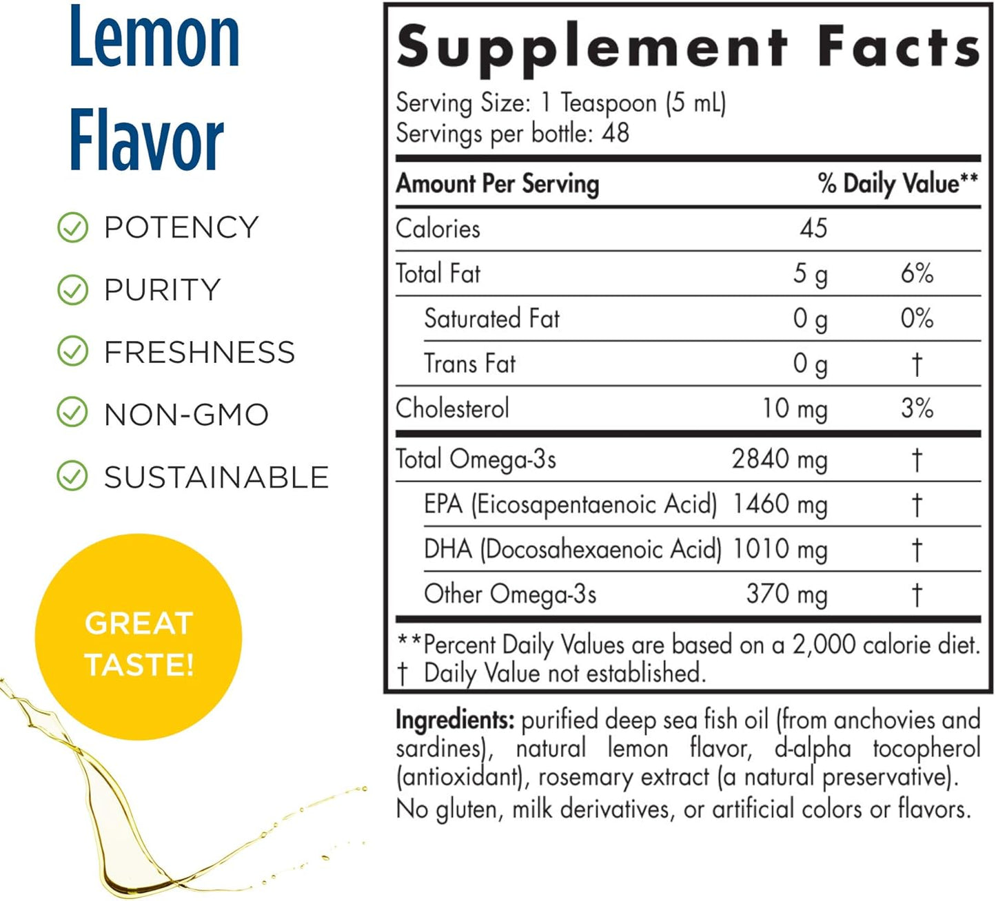 Nordic Naturals ProOmega Liquid Lemon Flavor 8 oz High Potency Fish Oil 2840mg Omega-3 EPA DHA Brain Eye Heart Immune Health Non-GMO 48 Servings