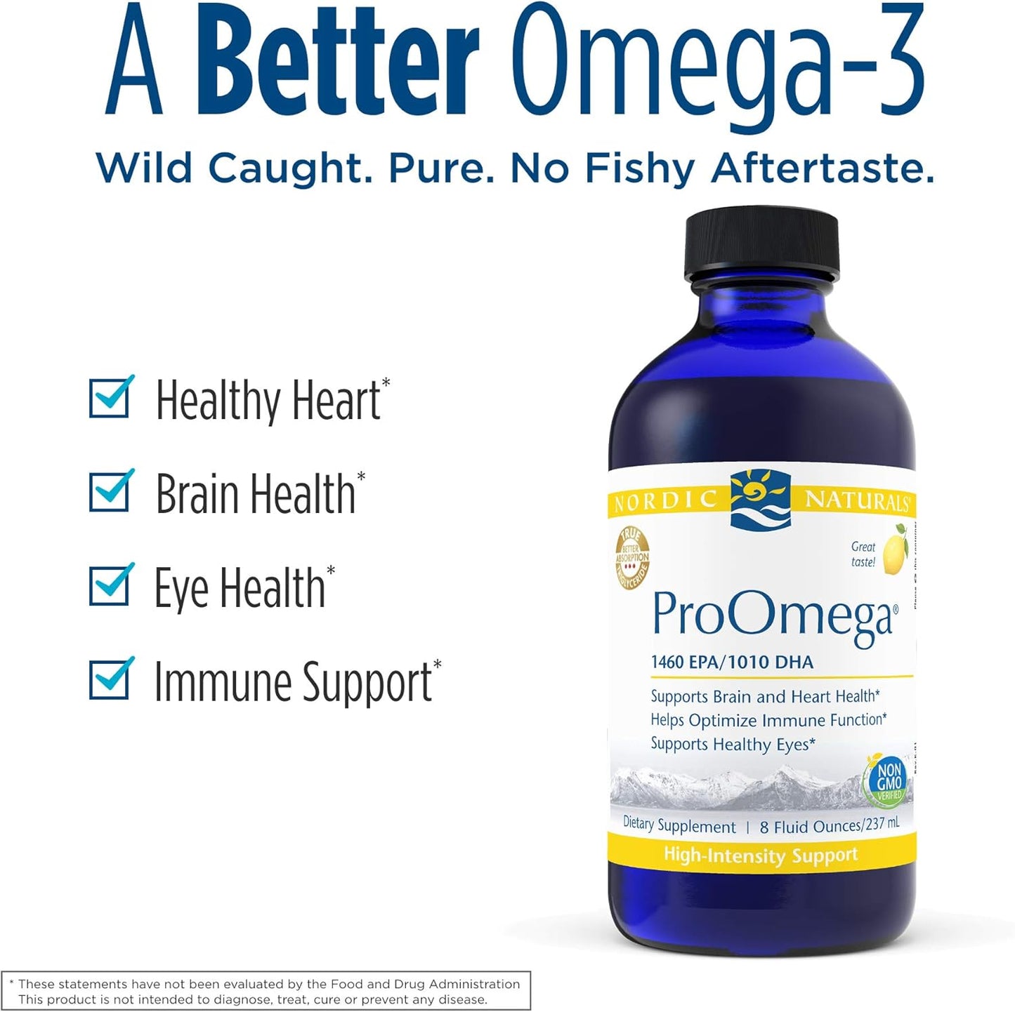 Nordic Naturals ProOmega Liquid Lemon Flavor 8 oz High Potency Fish Oil 2840mg Omega-3 EPA DHA Brain Eye Heart Immune Health Non-GMO 48 Servings