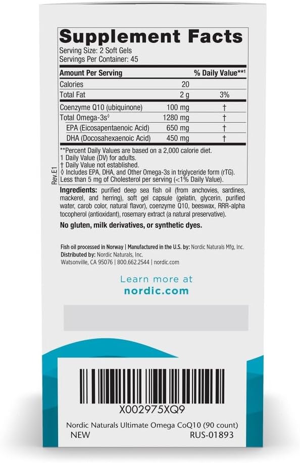 Nordic Naturals Ultimate Omega CoQ10 Soft Gels - 1280mg Omega-3, 100mg CoQ10 - Heart Health, Cellular Energy, Antioxidant - 90ct