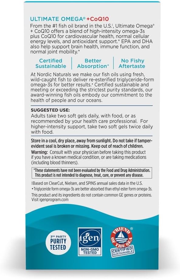Nordic Naturals Ultimate Omega CoQ10 Soft Gels - 1280mg Omega-3, 100mg CoQ10 - Heart Health, Cellular Energy, Antioxidant - 90ct