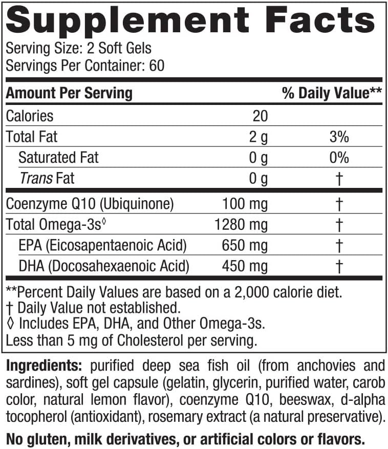 Nordic Naturals Ultimate Omega + CoQ10 Soft Gels - Lemon Flavor - 1280mg Omega-3 & 100mg CoQ10 - Heart & Cellular Health Support - Non-GMO - 60 Servings