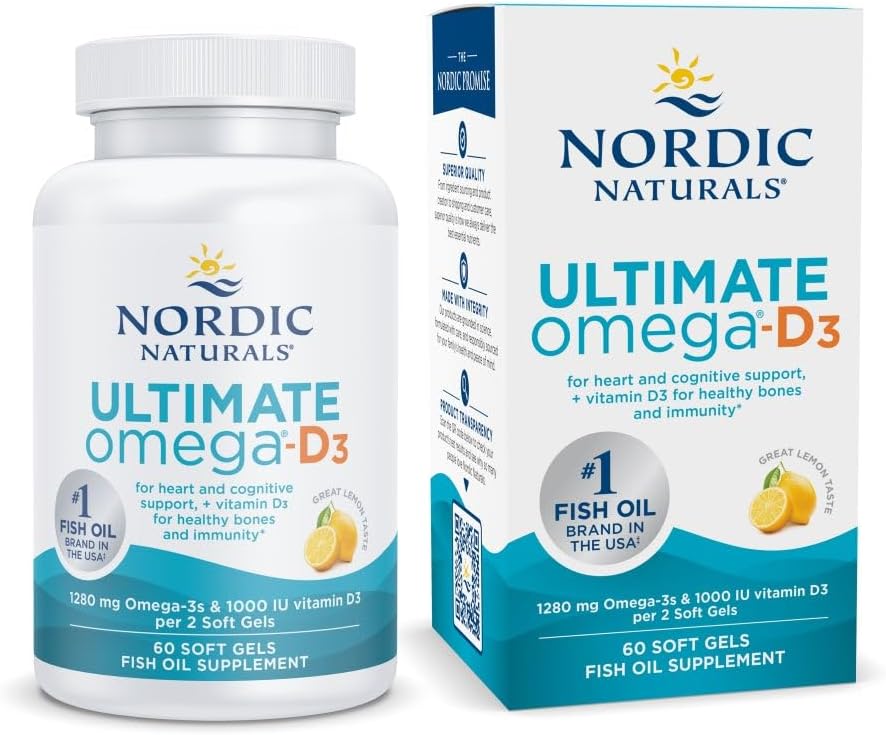 Nordic Naturals Ultimate Omega-D3 Soft Gels - Lemon Flavor - 60 ct - 1280mg Omega-3 + 1000 IU Vitamin D3 - Fish Oil Supplement - EPA & DHA - Supports Brain, Heart, Joint, & Immune Health - 30 Servings