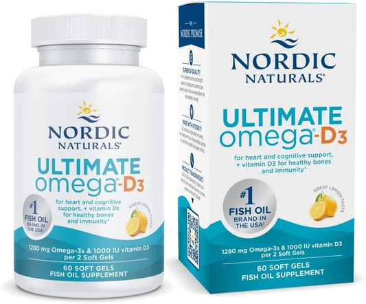 Nordic Naturals Ultimate Omega-D3 Soft Gels - Lemon Flavor - 60 ct - 1280mg Omega-3 + 1000 IU Vitamin D3 - Fish Oil Supplement - EPA & DHA - Supports Brain, Heart, Joint, & Immune Health - 30 Servings