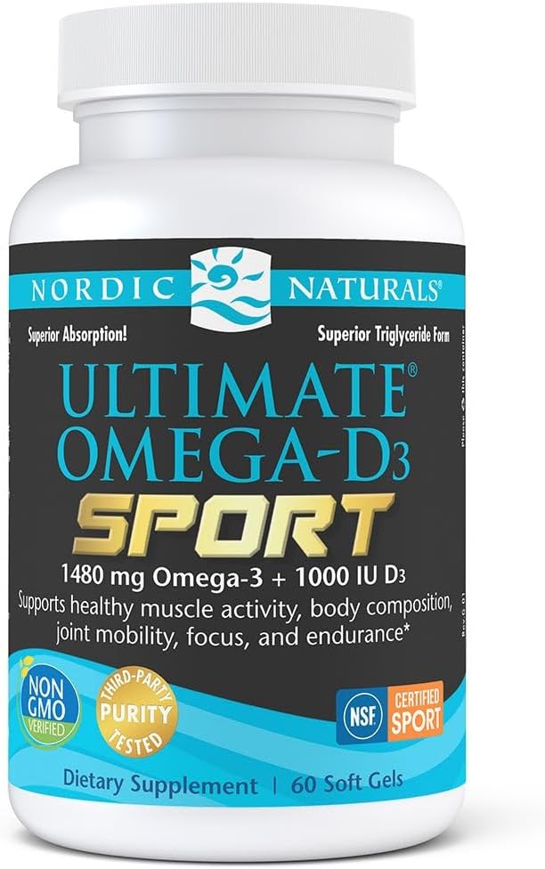 Nordic Naturals Ultimate Omega-D3 Sport Soft Gels - Lemon Flavor - 60 Count - High Omega-3 and Vitamin D3 - NSF Certified - Supports Muscle, Bones, Focus, and Endurance - 30-Day Supply