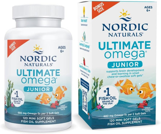 Nordic Naturals Ultimate Omega Jr. Strawberry Soft Gels - 680 Omega-3s for Brain Health & Mood - Non-GMO - 60 Servings