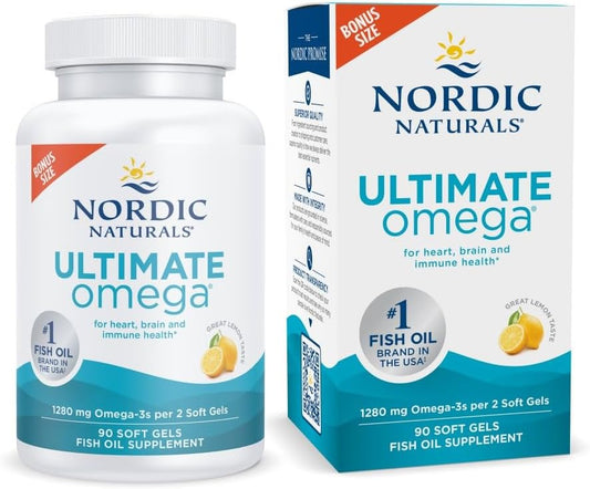 Nordic Naturals Ultimate Omega Soft Gels - Lemon Flavor, 90 Count - 1280 mg Omega-3 Fish Oil Supplement with EPA & DHA - High-Potency for Brain & Heart Health - Non-GMO - 45 Servings