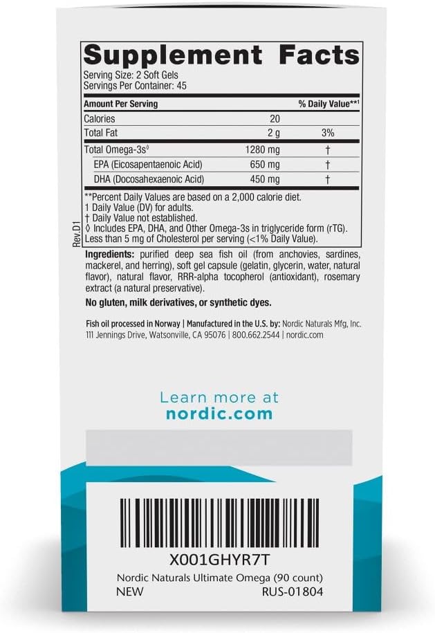 Nordic Naturals Ultimate Omega Soft Gels - Lemon Flavor, 90 Count - 1280 mg Omega-3 Fish Oil Supplement with EPA & DHA - High-Potency for Brain & Heart Health - Non-GMO - 45 Servings