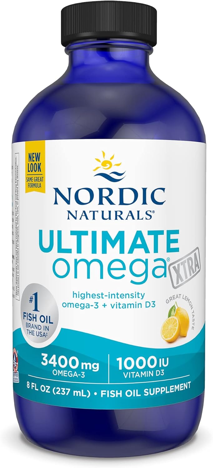 Nordic Naturals Ultimate Omega Xtra Liquid Lemon Flavor 8 oz - 3400mg Omega-3 + 1000 IU Vitamin D3 - EPA & DHA Fish Oil for Brain, Heart, Joint, & Immune Health - Non-GMO - 48 Servings