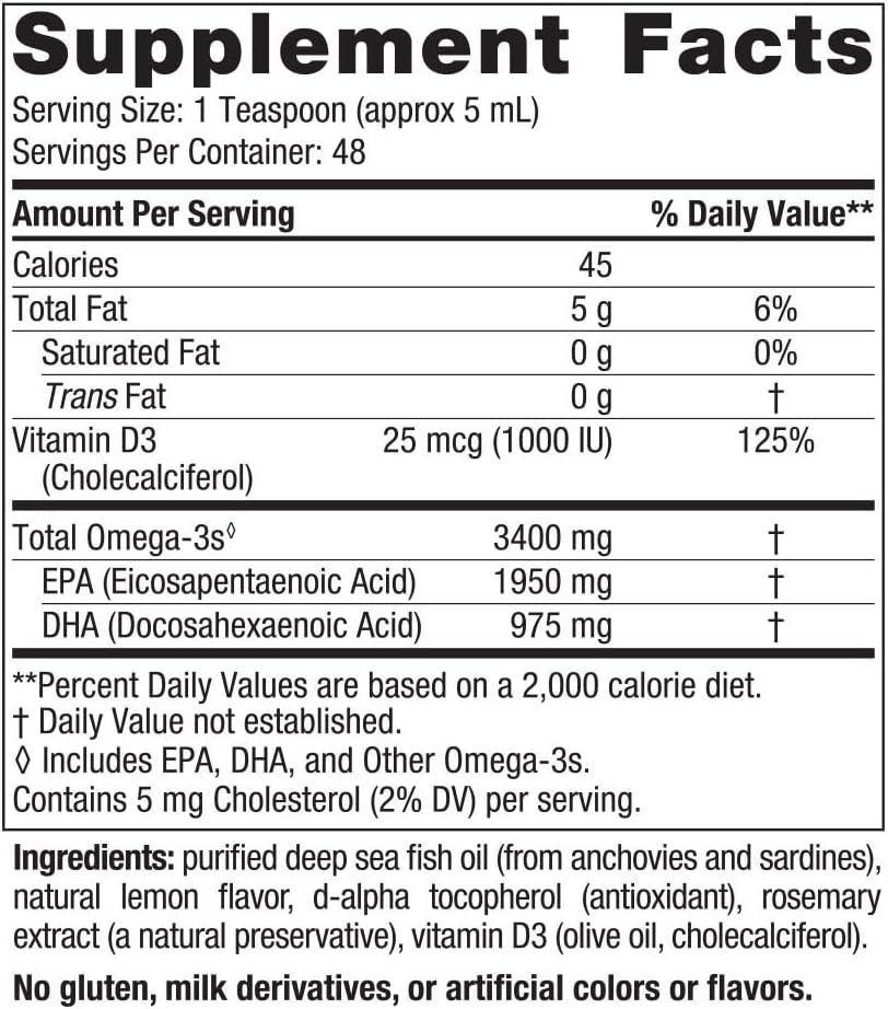 Nordic Naturals Ultimate Omega Xtra Liquid Lemon Flavor 8 oz - 3400mg Omega-3 + 1000 IU Vitamin D3 - EPA & DHA Fish Oil for Brain, Heart, Joint, & Immune Health - Non-GMO - 48 Servings