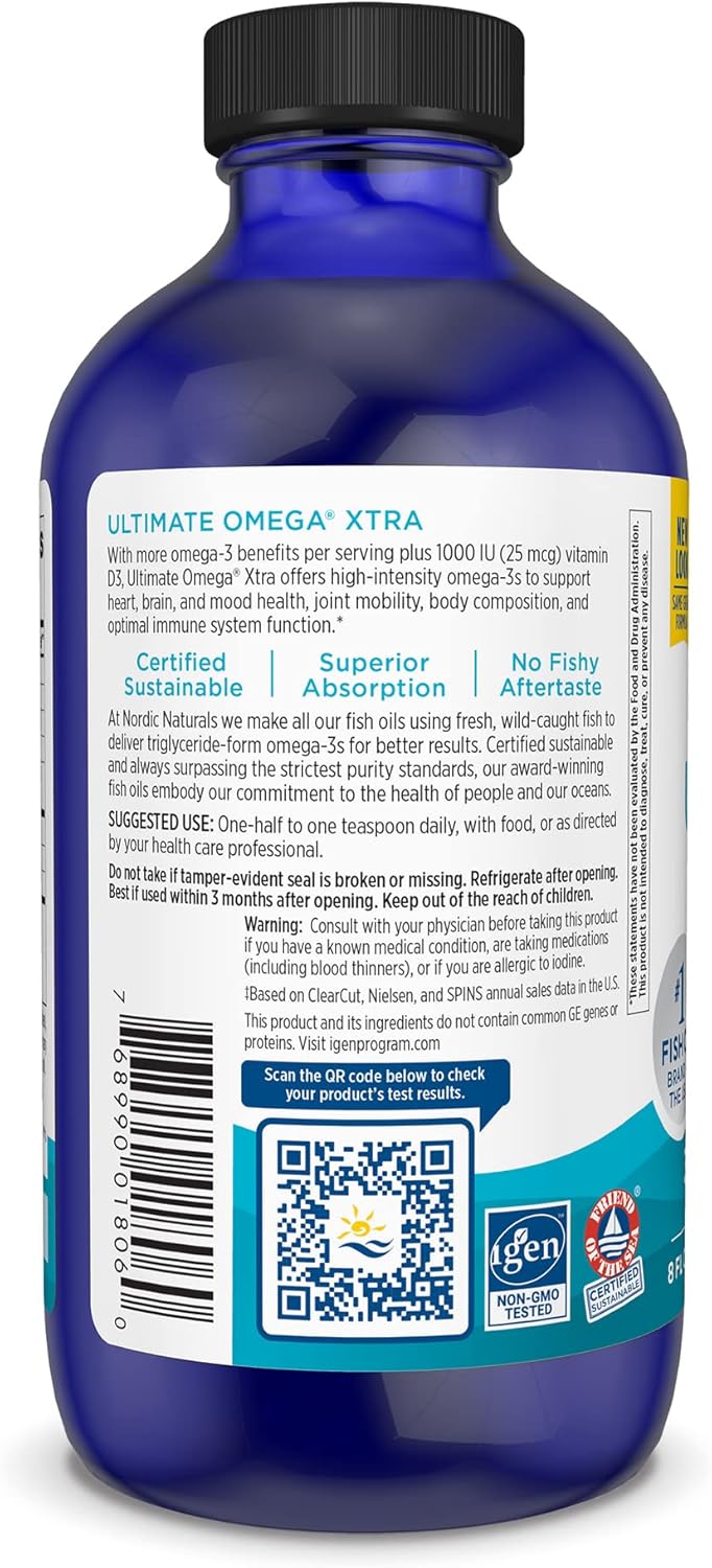 Nordic Naturals Ultimate Omega Xtra Liquid Lemon Flavor 8 oz - 3400mg Omega-3 + 1000 IU Vitamin D3 - EPA & DHA Fish Oil for Brain, Heart, Joint, & Immune Health - Non-GMO - 48 Servings