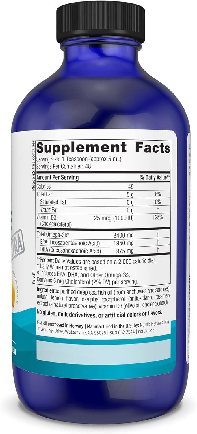 Nordic Naturals Ultimate Omega Xtra Liquid Lemon Flavor 8 oz - 3400mg Omega-3 + 1000 IU Vitamin D3 - EPA & DHA Fish Oil for Brain, Heart, Joint, & Immune Health - Non-GMO - 48 Servings