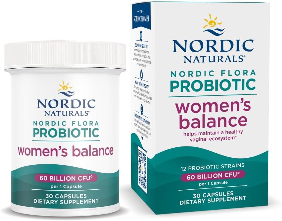 Nordic Naturals Women's Balance Probiotic - 30 Capsules - 12 Strains, 60 Billion Cultures - Gut & Vaginal Health - Vegan - 30 Servings