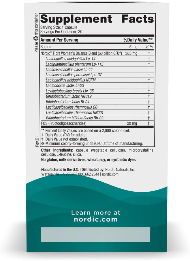 Nordic Naturals Women's Balance Probiotic - 30 Capsules - 12 Strains, 60 Billion Cultures - Gut & Vaginal Health - Vegan - 30 Servings