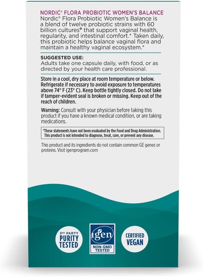 Nordic Naturals Women's Balance Probiotic - 30 Capsules - 12 Strains, 60 Billion Cultures - Gut & Vaginal Health - Vegan - 30 Servings