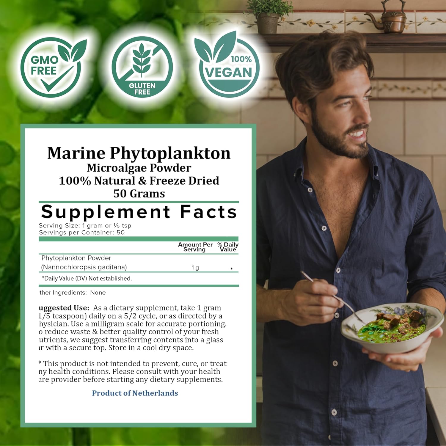 Nordic Seawater Grown Marine Phytoplankton Powder | Vegan Omega 3 Supplement with Amino Acids, Chlorophyll, Vitamins, & Minerals (50g)