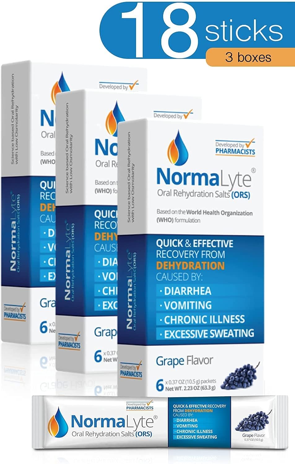 NormaLyte Oral Rehydration Salts - 18 Packets, Grape Flavor - Potassium and Energy Supplement for Dehydration Recovery