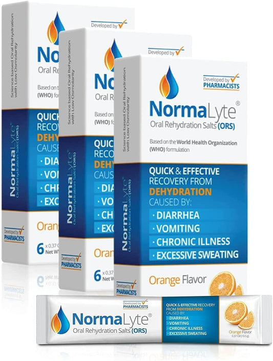 NormaLyte Orange Oral Rehydration Salts - 18 Sticks Packs, 500mL per Pack - Energy and Potassium Supplement for Dehydration Recovery