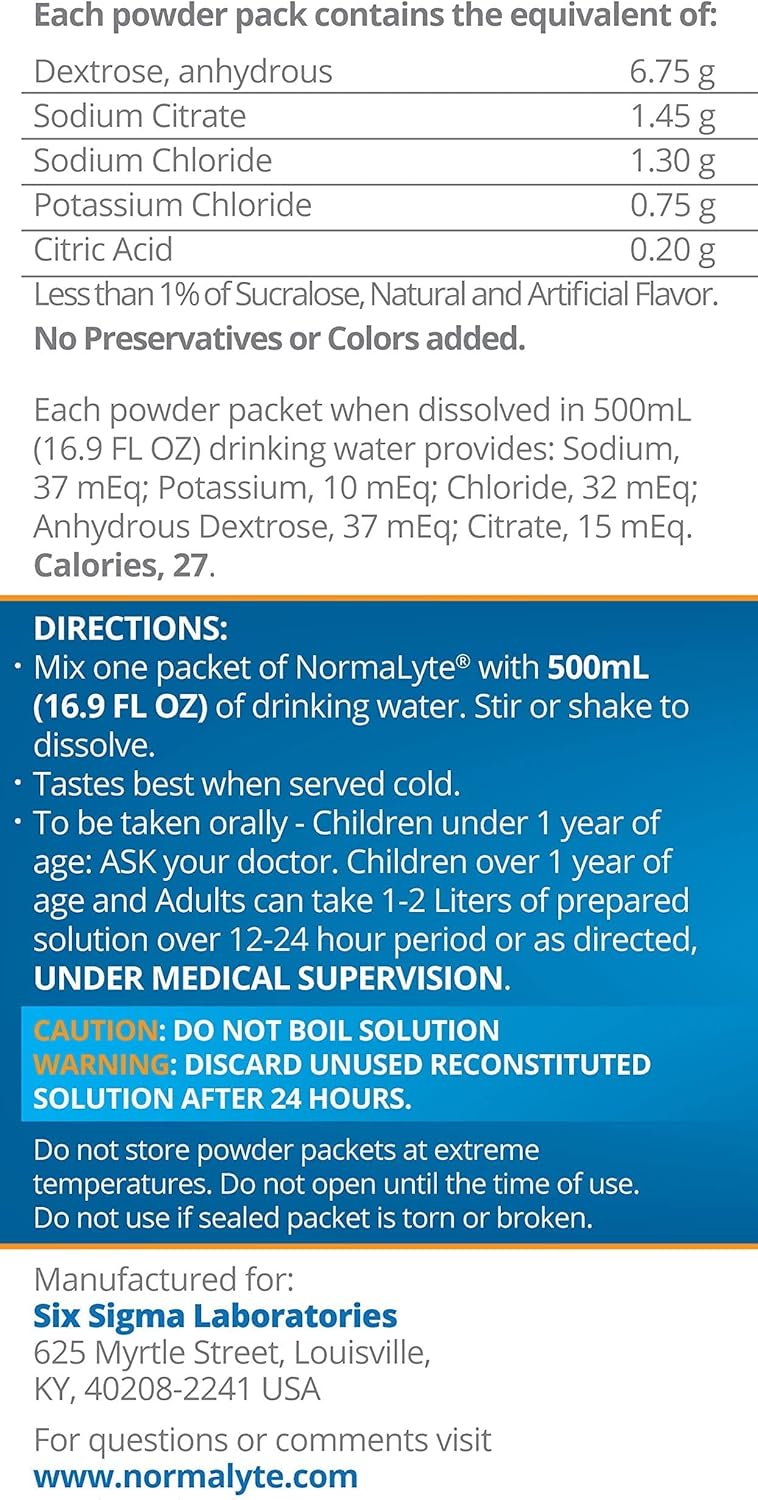NormaLyte Orange Oral Rehydration Salts - 18 Sticks Packs, 500mL per Pack - Energy and Potassium Supplement for Dehydration Recovery
