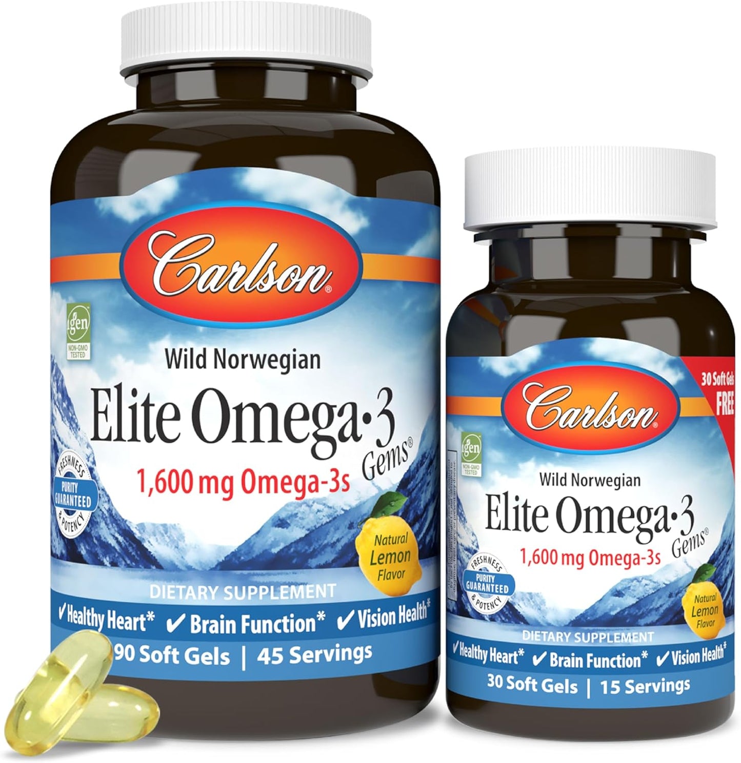 Norwegian Carlson Elite Omega-3 Fish Oil Capsules with 1600mg EPA & DHA - Wild-Caught Lemon Flavor Softgels - 120 Count