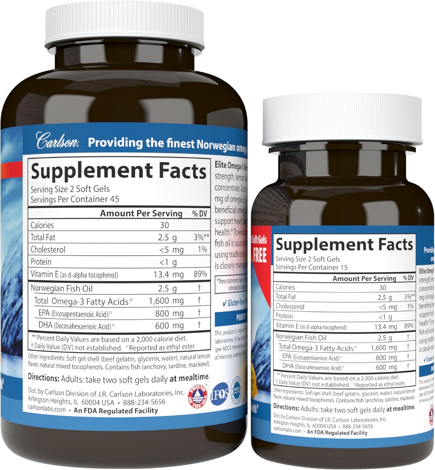 Norwegian Carlson Elite Omega-3 Fish Oil Capsules with 1600mg EPA & DHA - Wild-Caught Lemon Flavor Softgels - 120 Count