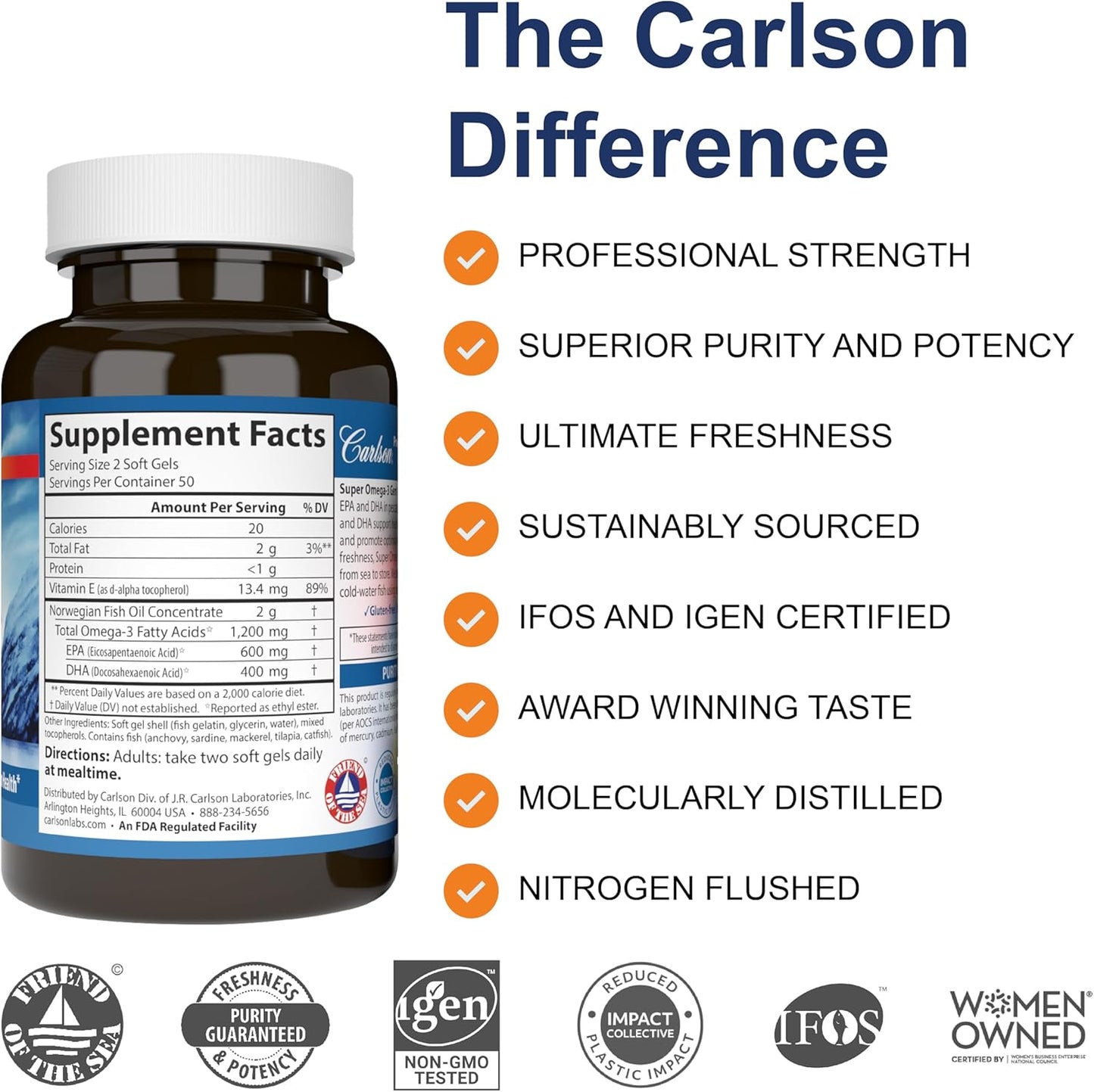 Norwegian Carlson Super Omega-3 Gems, Pescetarian Friendly, 1,200 mg Omega-3s, 130 Soft Gels